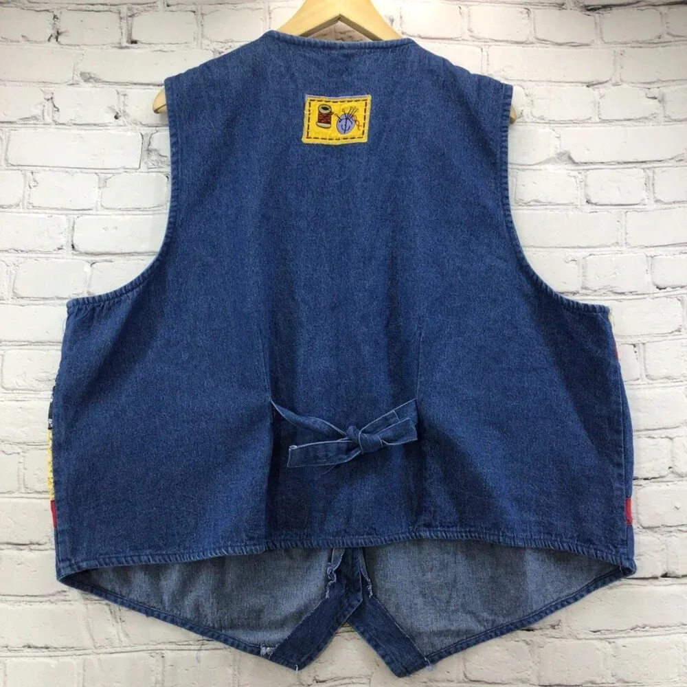 Vtg 80's Denim Vest Womens Sz‎ XL Sewing Theme Cottage Core Kitschy Grannycore